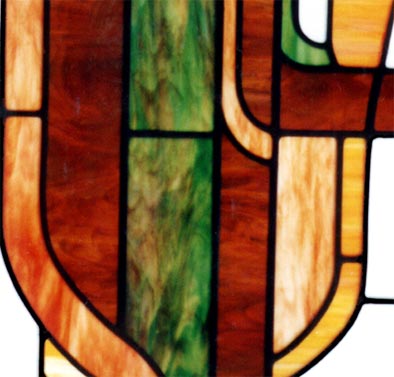 Closeup of custom stained and leaded glass abstract leaded glass window