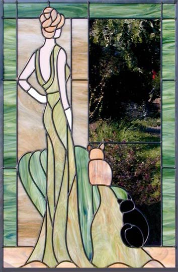 Lady with 2 cats stained and leaded glass window