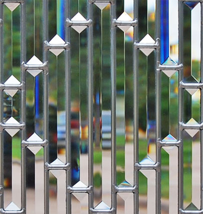 Closeup of pencil bevels leaded glass window