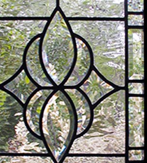 Closeup of custom leaded bevel glass sidelight window