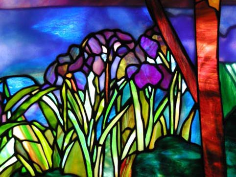 irises and magnolias stained glass Tiffany reproduction window