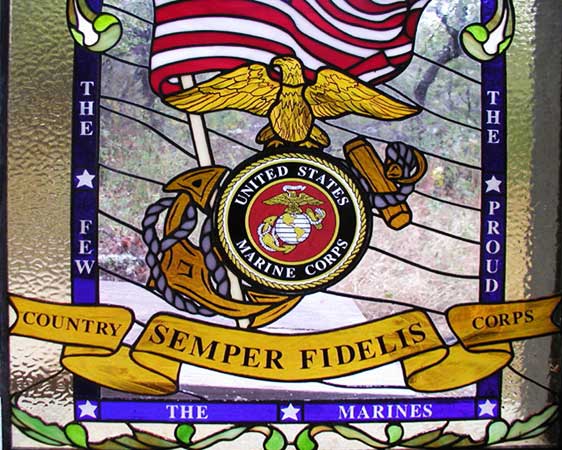 Marines Tribute custom stained glass window closeup