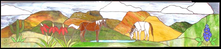 Texas Horses Landscape custom stained glass transom window